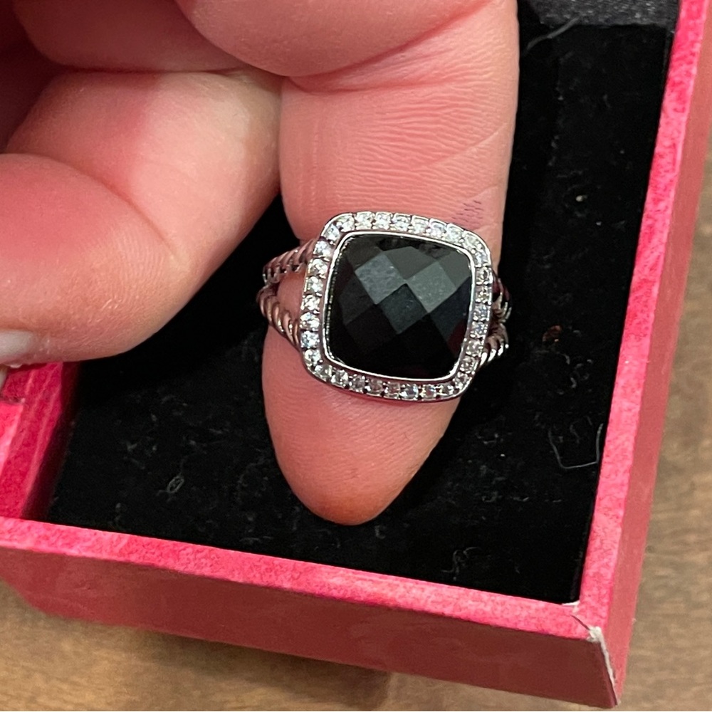Faceted black Onyx Ring, cushion cut Rhodium plated split shank band, Sz. 7,NWT - Picture 16 of 16